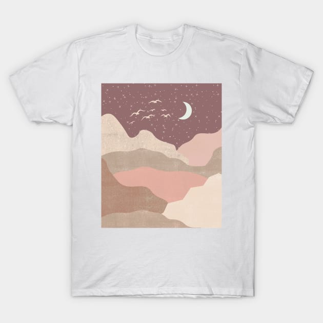 Boho Neutral Pastel Landscape Moon Stars Design T-Shirt by zedonee